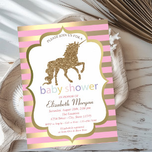 Gold Glitzer Einhorn, Stripe Babydusche Einladung