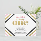 Gold Glitzer Einladung zum ersten Geburtstag (Stehend Vorderseite)