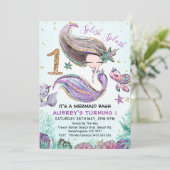 Gold Glitzer Eins Lila Meerjungfrau 1. Geburtstag Einladung (Stehend Vorderseite)