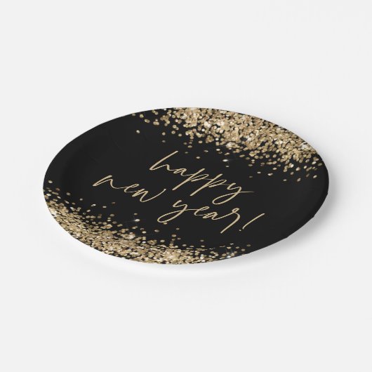 Gold Glitzer Elegante Script glücklich Neujahr Sch Pappteller (Schrägansicht)