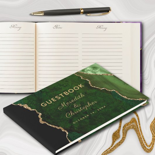 Gold Glitzer Emerald Green Agate Wedding Gästebuch