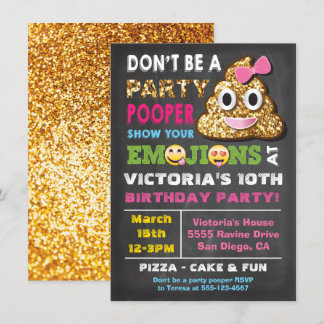 Gold Glitzer Emoji Party Pooper Girl Birthay Einladung