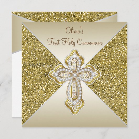 Gold Glitzer Erste Kommune Einladung (Vorne/Hinten)