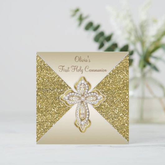 Gold Glitzer Erste Kommune Einladung (Stehend Vorderseite)