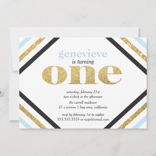 Gold Glitzer Erster Geburtstag Einladung (Vorderseite)