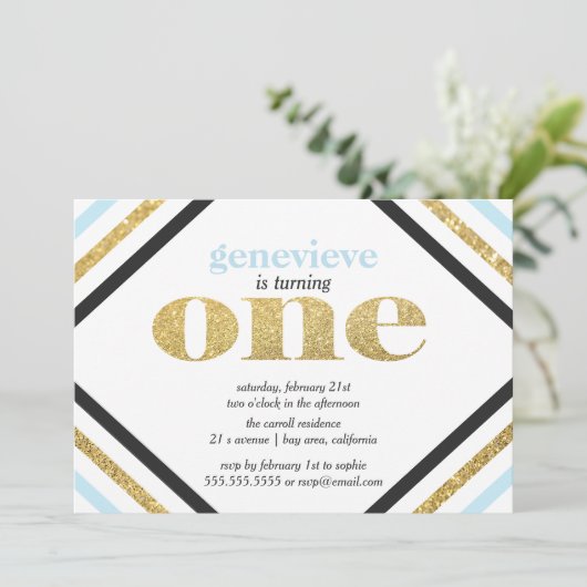 Gold Glitzer Erster Geburtstag Einladung (Stehend Vorderseite)