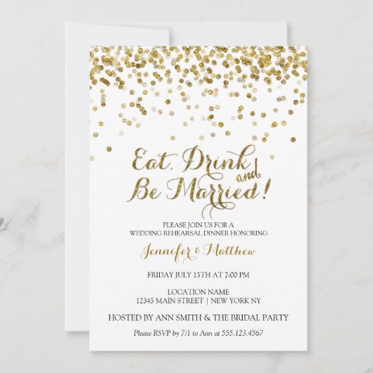 Gold Glitzer essen Drink Verheiratet Probe Abendes Einladung (Vorderseite)