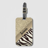 Gold Glitzer Exotic Zebra Print Personalisiert Gepäckanhänger (Vorderseite Vertikal)