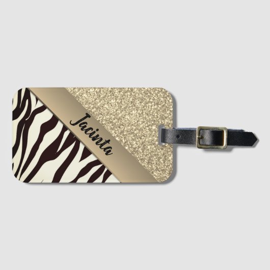 Gold Glitzer Exotic Zebra Print Personalisiert Gepäckanhänger (Vorderseite (Horizontal))