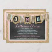 Gold Glitzer First Birthday Banner Einladung (Vorne/Hinten)