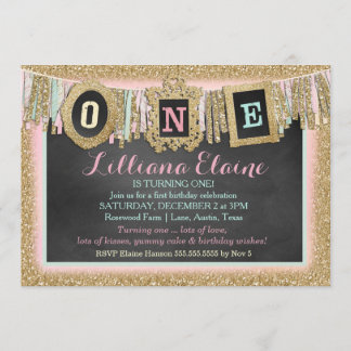 Gold Glitzer First Birthday Banner Einladung