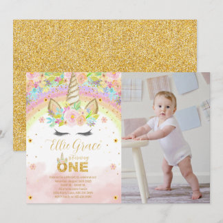 Gold Glitzer Floral 1. Geburtstag Einhorn Foto Einladung