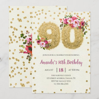 Gold Glitzer Floral 90. Geburtstag Einladung