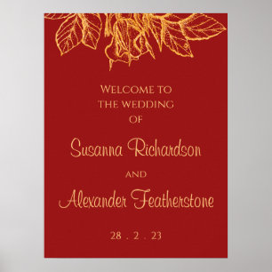 Gold Glitzer Floral Bouquet, Red Wedding Willkomme Poster