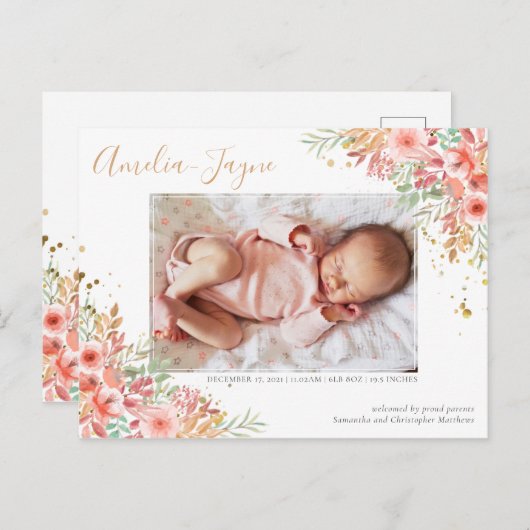 Gold Glitzer Floral Foto Girl Geburtserklärung Postkarte (Vorne/Hinten)