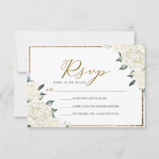 Gold Glitzer Floral Nuestra Boda Wedding RSVP Einladung (Vorderseite)