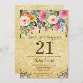 Gold Glitzer Floral Überraschung 21. Geburtstag Einladung (Vorne/Hinten)