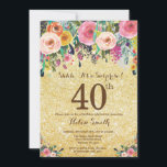 Gold Glitzer Floral Überraschung 40. Geburtstag Einladung<br><div class="desc">Gold Glitzer Blumenüberraschung 40. Geburtstag Einladung für Frauen. Aquarellfarbene Blume Gold Glitzer Hintergrund. Rosa, Gelb, orange, Lila Blume. Erwachsener zum Geburtstag. 13. 15. 16. 18. 20. 21. 30. 40. 50. 60. 70. 80. 90. 100. Jedes Alter. Für weitere Anpassungen klicken Sie bitte auf die Schaltfläche "Anpassen" und verwenden Sie unser...</div>