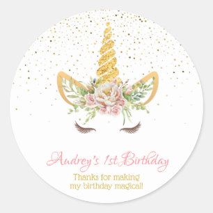 Gold Glitzer Floral Unicorn Horn Birthday Baby Runder Aufkleber