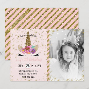 Gold Glitzer Floral Unicorn Horn Birthday Foto Einladung
