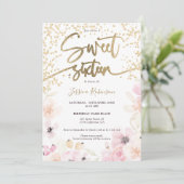 Gold Glitzer florale Aquarell Girly Pink Sweet 16 Einladung (Stehend Vorderseite)