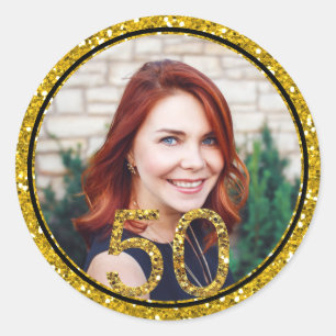 Gold Glitzer Foto 50. Geburtstagsparty Favoriten Runder Aufkleber