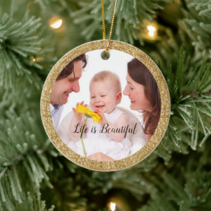 Gold Glitzer Frame Personalisiertes Foto und Angeb Keramik Ornament