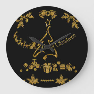 Gold Glitzer Frohe Weihnachten, Weihnachtsmann Große Wanduhr