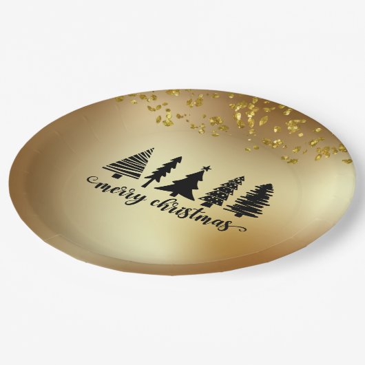 Gold Glitzer Frohe Weihnachtsbaum Pappteller (Schrägansicht)
