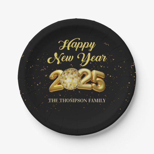 Gold Glitzer Frohes neues Jahr 2025 Papierplatte Pappteller (Vorderseite)