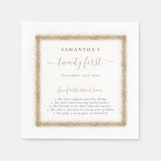 Gold Glitzer Fun Fakten Name Datum 21. Party Serviette (Vorderseite)