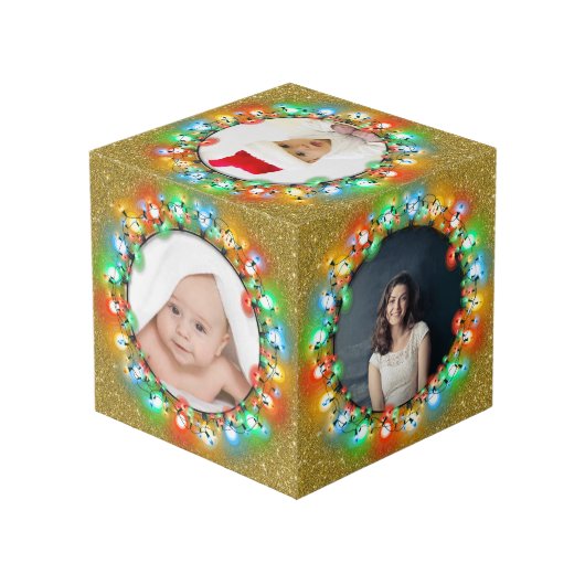 Gold Glitzer Fünf Foto Weihnachtsbilder Würfel (Rückseite Schrägansicht)