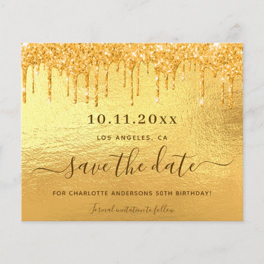 Gold Glitzer Geburtstagskarte Save the Date (Vorderseite)