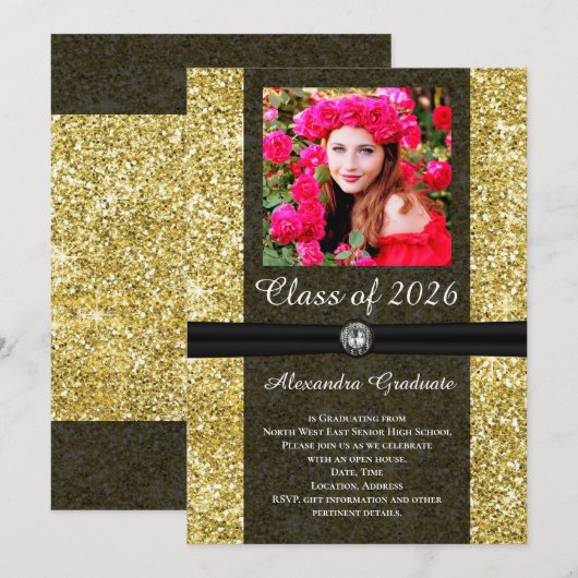 Gold Glitzer Gem Foto Class of 2025 Abschluss Einladung (Vorne/Hinten)