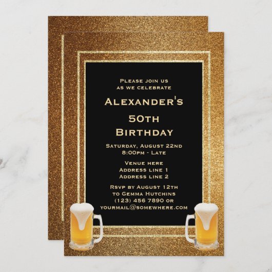 Gold Glitzer Gerahmt & Bier Einladung (Vorne/Hinten)