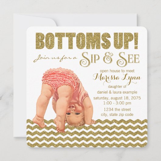 Gold Glitzer Girls Sip and See Einladung (Vorderseite)