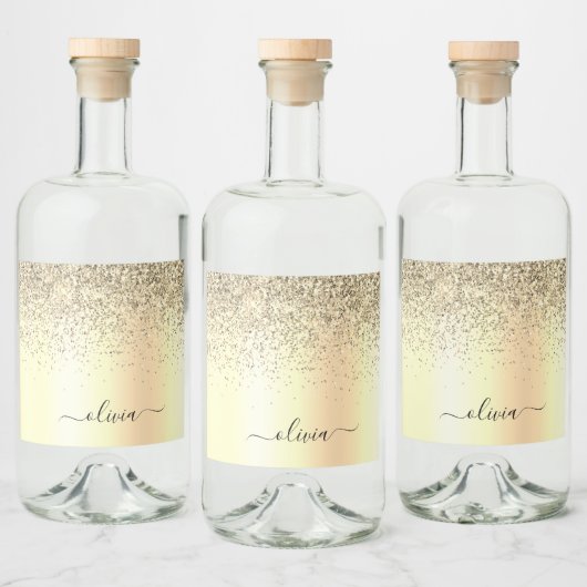 Gold Glitzer Girly Luxus Moderne Monogram Name Alkoholflaschenetikett (Flaschen)