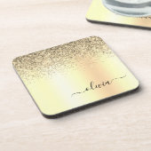 Gold Glitzer Girly Luxus Moderne Monogram Name Getränkeuntersetzer (Linke Seite)