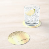 Gold Glitzer Girly Luxus Moderne Monogram Name Runder Pappuntersetzer (Vor Ort)