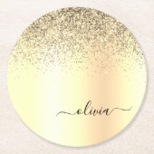 Gold Glitzer Girly Luxus Moderne Monogram Name Runder Pappuntersetzer (Vorderseite)