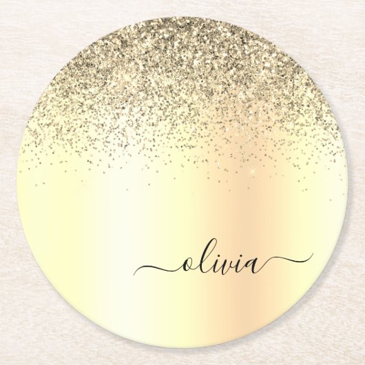 Gold Glitzer Girly Luxus Moderne Monogram Name Runder Pappuntersetzer (Vorderseite)