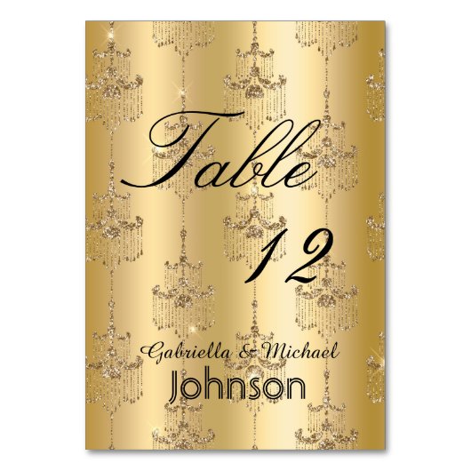 Gold Glitzer Glam Chandeliers Tischnummer (Vorderseite)