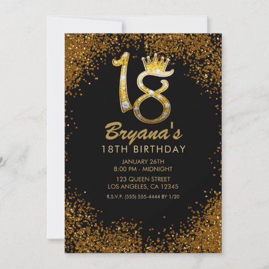 Gold Glitzer Glam Crown Diamond Bling 18. Einladung (Vorderseite)