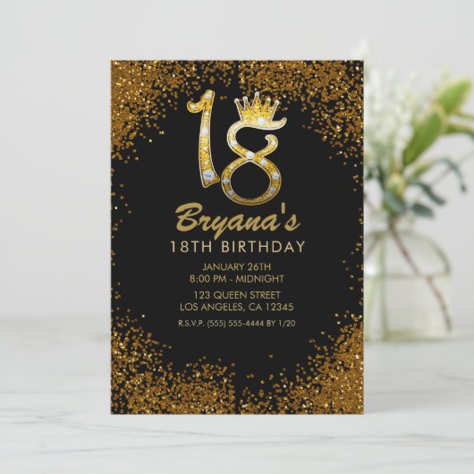 Gold Glitzer Glam Crown Diamond Bling 18. Einladung (Stehend Vorderseite)