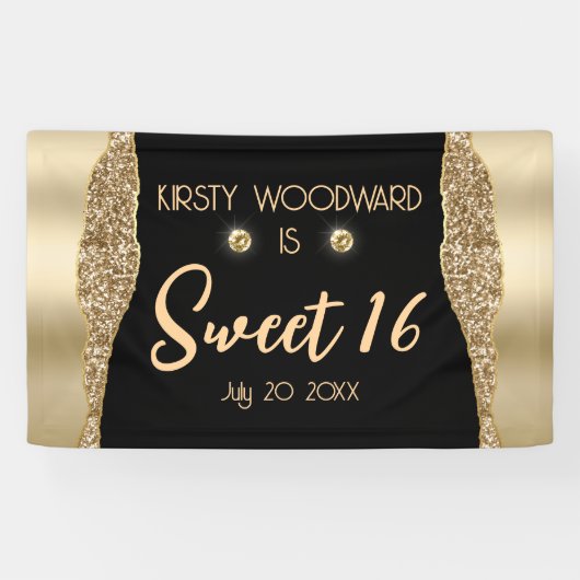 Gold Glitzer Glam Edge & Diamonds Sweet 16 Banner (Horizontal)