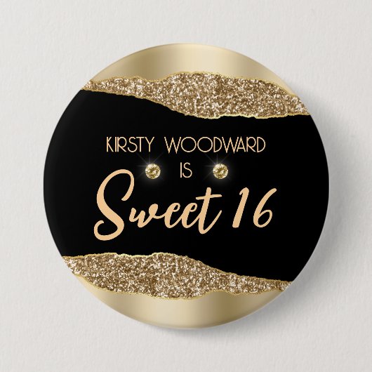Gold Glitzer Glam Edge & Diamonds Sweet 16 Button (Vorderseite)