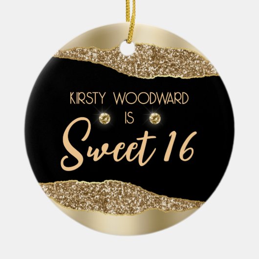 Gold Glitzer Glam Edge & Diamonds Sweet 16 Keramik Ornament (Vorne)