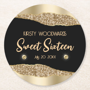 Gold Glitzer Glam Edge & Diamonds Sweet 16 Runder Pappuntersetzer
