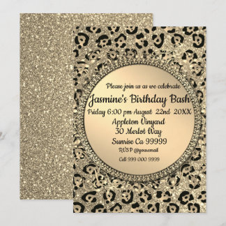 Gold Glitzer Glam Leopard Print Einladung