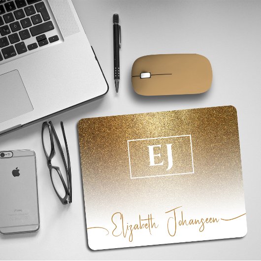 Gold Glitzer Glam mit Monogramm, elegantes Funkeln Mousepad
